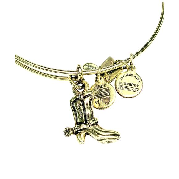 Alex and Ani Cowboy Boot Peace Sign Brown Glass Beaded Gold Tone Bangle Bracelet - Picture 4 of 8